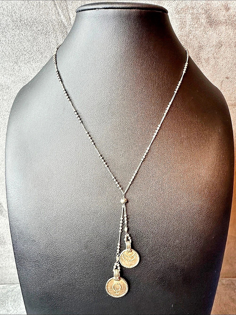 925 sterling silver beaded lariat necklace with double coin drops